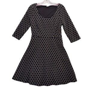 Boden Fit & Flare Dress Black Grey Geometric Print‎ 3/4 Sleeve Lined